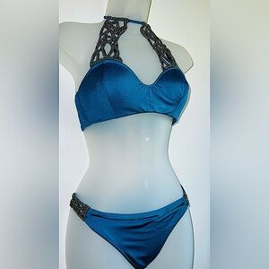 Red and blue beaded halter custom luxury bikini medium